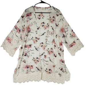 Mason Belle Kimono Tunic Top XXL Womens Open Gauzy Lace Cream Pink Cottage Fairy